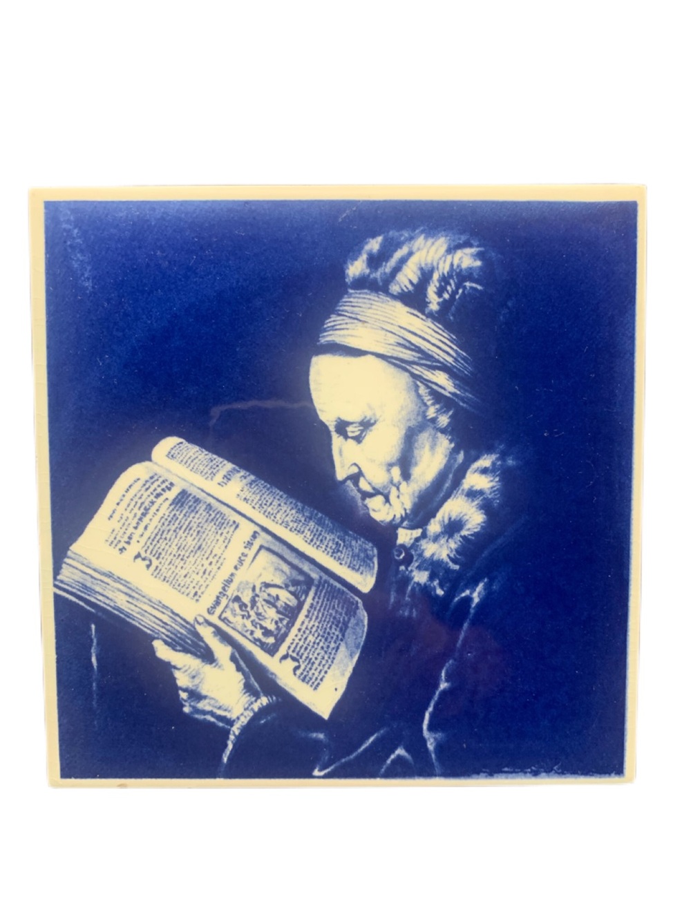 Vintage Delft Blue Tile Old Woman Reading Hand Painted Made in Holland